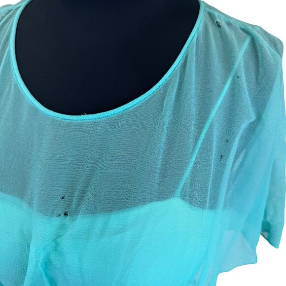 Vintage 1960s turquoise formal dress with floral trim and flutter sleeves. AS IS - Picture 3 of 14